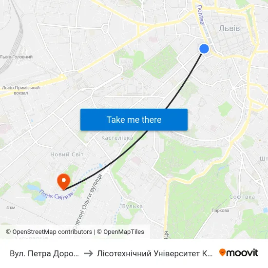 Вул. Петра Дорошенка to Лісотехнічний Університет Корпус № 1 map