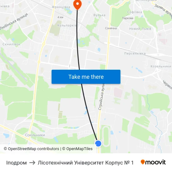Іподром to Лісотехнічний Університет Корпус № 1 map