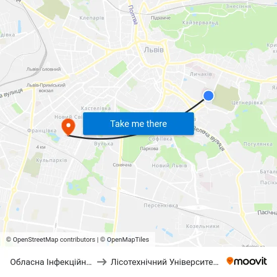 Обласна Інфекційна Лікарня to Лісотехнічний Університет Корпус № 1 map