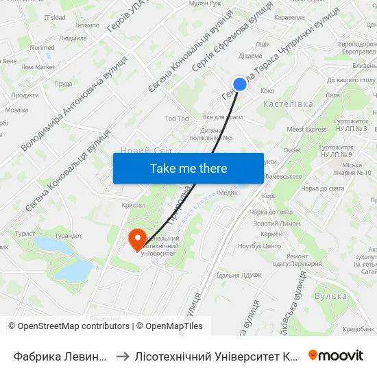 Фабрика Левинського to Лісотехнічний Університет Корпус № 1 map