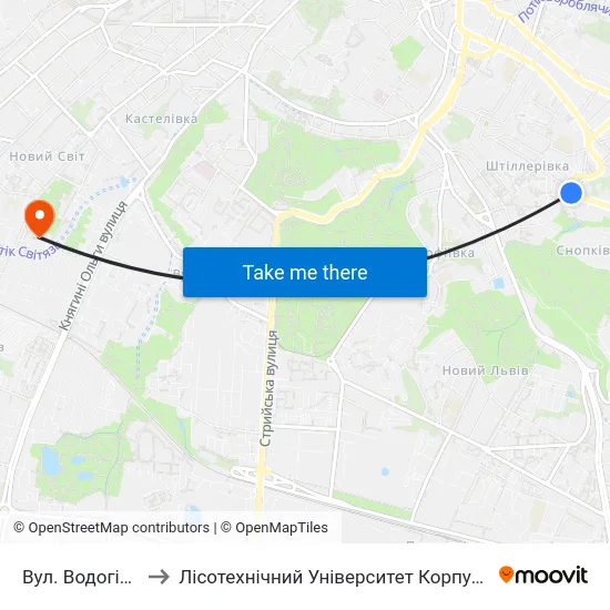 Вул. Водогінна to Лісотехнічний Університет Корпус № 1 map
