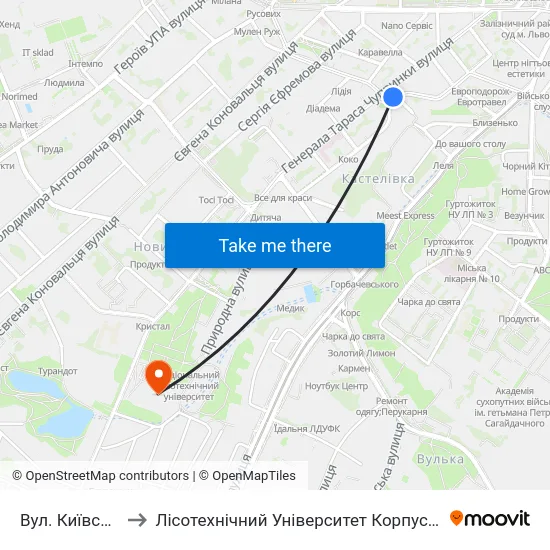 Вул. Київська to Лісотехнічний Університет Корпус № 1 map