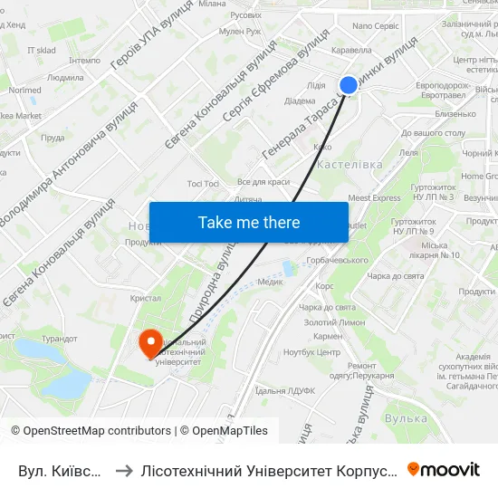 Вул. Київська to Лісотехнічний Університет Корпус № 1 map