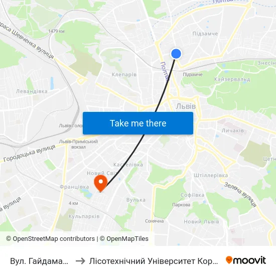 Вул. Гайдамацька to Лісотехнічний Університет Корпус № 1 map