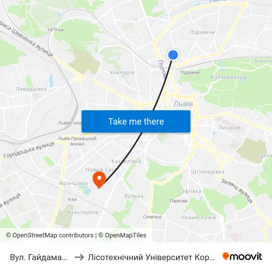 Вул. Гайдамацька to Лісотехнічний Університет Корпус № 1 map