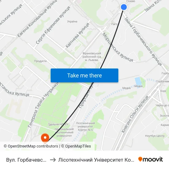 Вул. Горбачевського to Лісотехнічний Університет Корпус № 1 map
