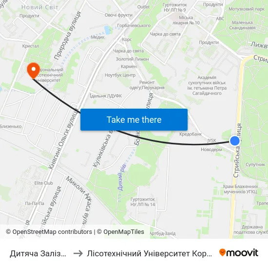 Дитяча Залізниця to Лісотехнічний Університет Корпус № 1 map