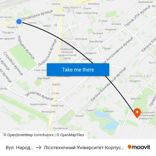 Вул. Народна to Лісотехнічний Університет Корпус № 1 map