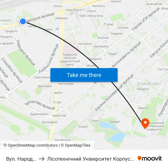 Вул. Народна to Лісотехнічний Університет Корпус № 1 map