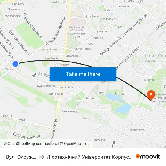 Вул. Окружна to Лісотехнічний Університет Корпус № 1 map
