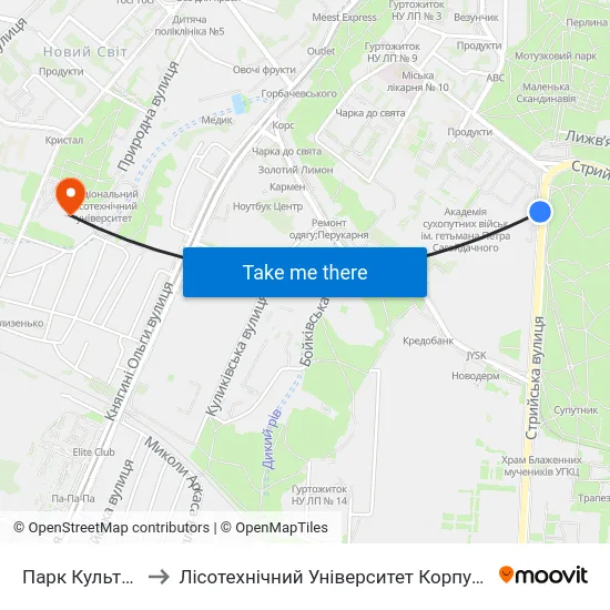 Парк Культури to Лісотехнічний Університет Корпус № 1 map