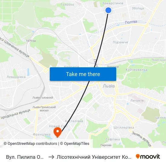 Вул. Пилипа Орлика to Лісотехнічний Університет Корпус № 1 map
