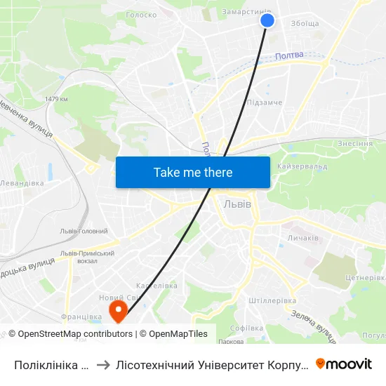 Поліклініка №2 to Лісотехнічний Університет Корпус № 1 map