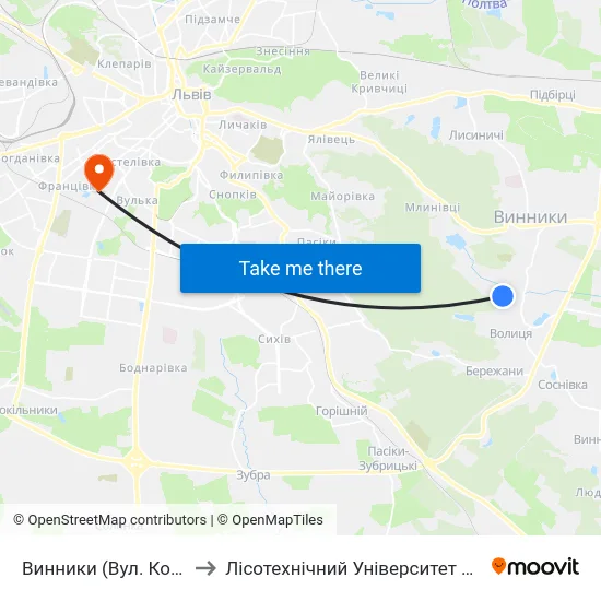 Винники (Вул. Козацька) to Лісотехнічний Університет Корпус № 1 map