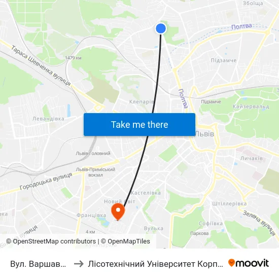 Вул. Варшавська to Лісотехнічний Університет Корпус № 1 map