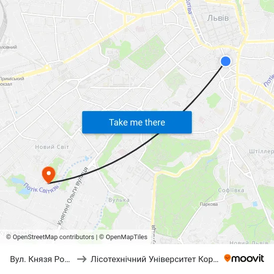 Вул. Князя Романа to Лісотехнічний Університет Корпус № 1 map