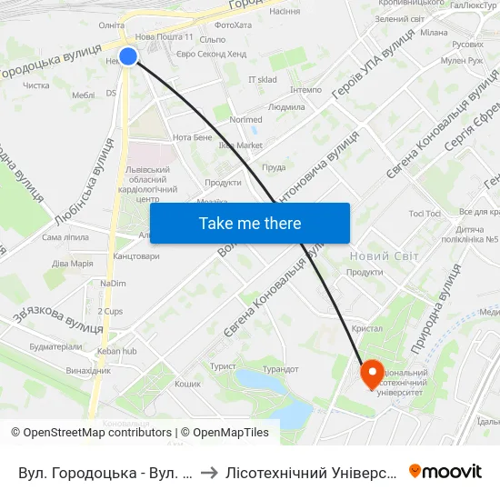 Вул. Городоцька - Вул. Кульпарківська to Лісотехнічний Університет Корпус № 1 map