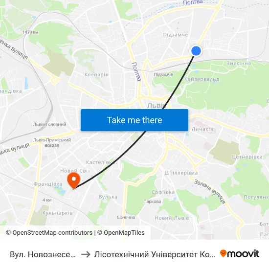 Вул. Новознесенська to Лісотехнічний Університет Корпус № 1 map