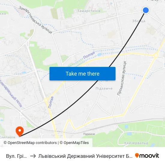 Вул. Грінченка to Львівський Державний Університет Безпеки Життєдіяльності map