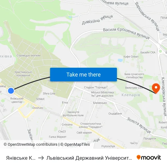 Янівське Кладовище to Львівський Державний Університет Безпеки Життєдіяльності map