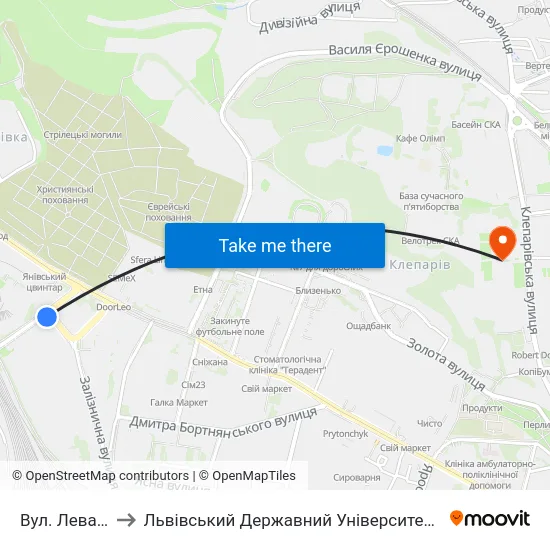 Вул. Левандівська to Львівський Державний Університет Безпеки Життєдіяльності map