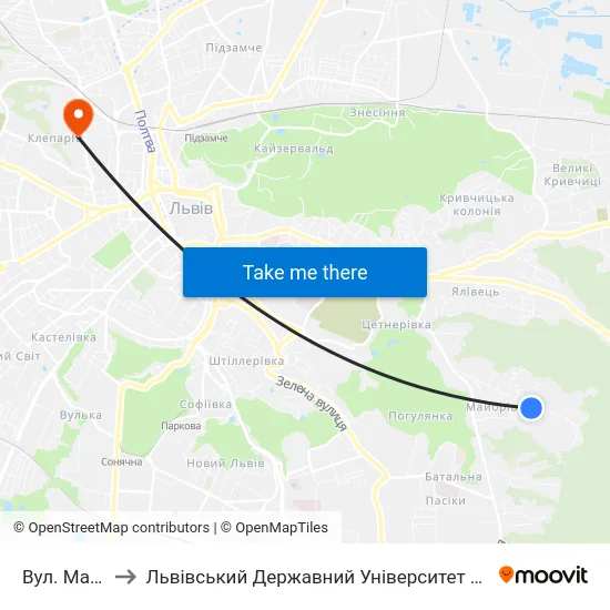 Вул. Майорівка to Львівський Державний Університет Безпеки Життєдіяльності map