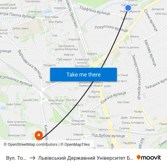 Вул. Торф'Яна to Львівський Державний Університет Безпеки Життєдіяльності map