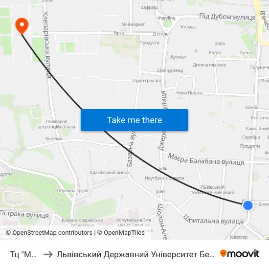 Тц "Магнус" to Львівський Державний Університет Безпеки Життєдіяльності map