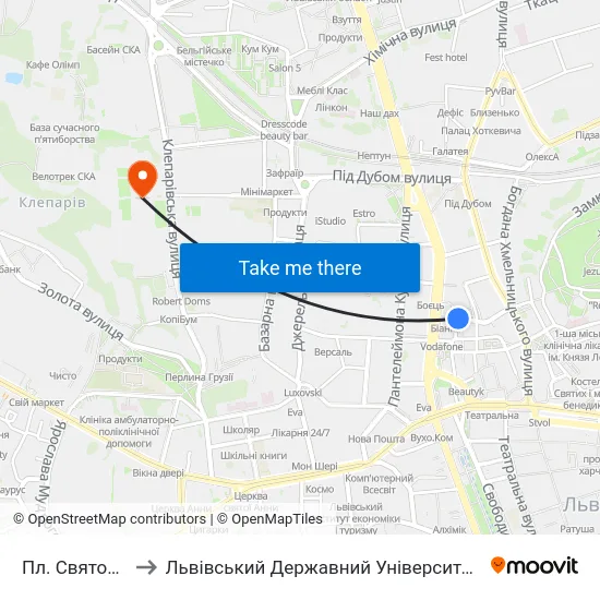 Пл. Святого Теодора to Львівський Державний Університет Безпеки Життєдіяльності map
