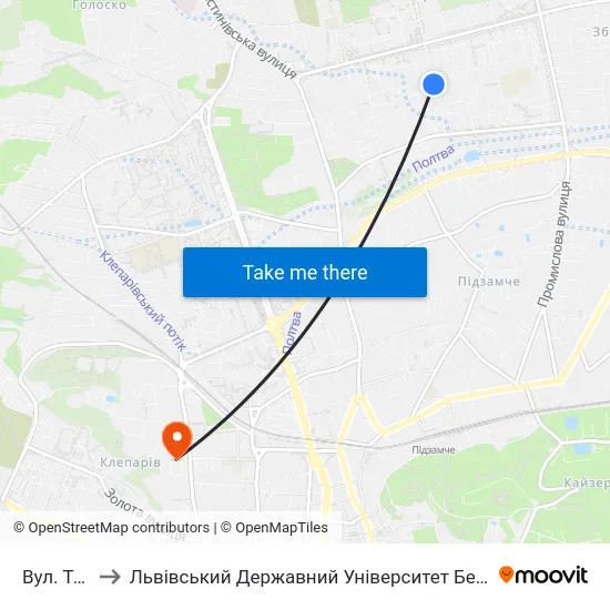 Вул. Тичини to Львівський Державний Університет Безпеки Життєдіяльності map