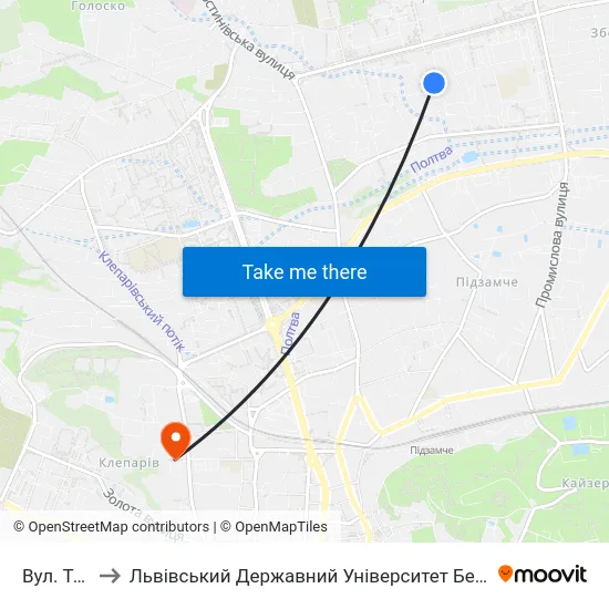 Вул. Тичини to Львівський Державний Університет Безпеки Життєдіяльності map