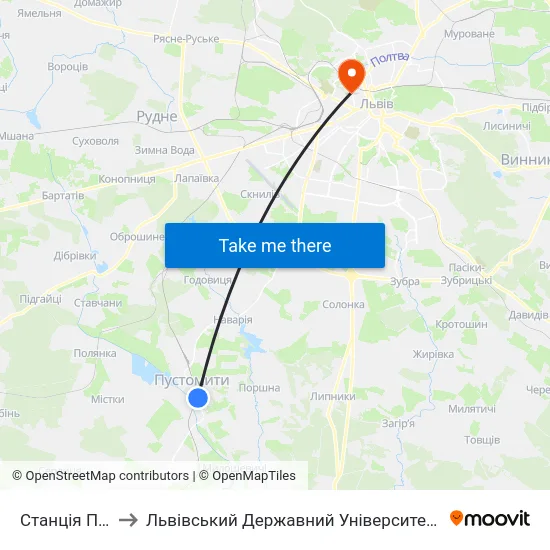 Станція Пустомити to Львівський Державний Університет Безпеки Життєдіяльності map