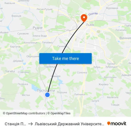 Станція Пустомити to Львівський Державний Університет Безпеки Життєдіяльності map