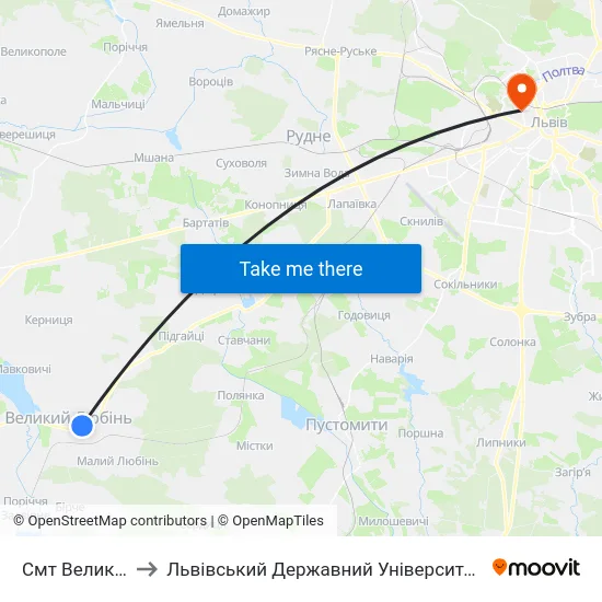 Смт Великий Любінь to Львівський Державний Університет Безпеки Життєдіяльності map