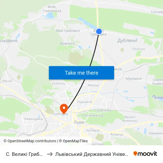 С. Великі Грибовичі (На Вимогу) to Львівський Державний Університет Безпеки Життєдіяльності map