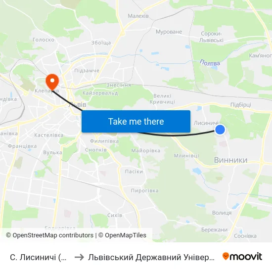 С. Лисиничі (Вул. Полуботка) to Львівський Державний Університет Безпеки Життєдіяльності map