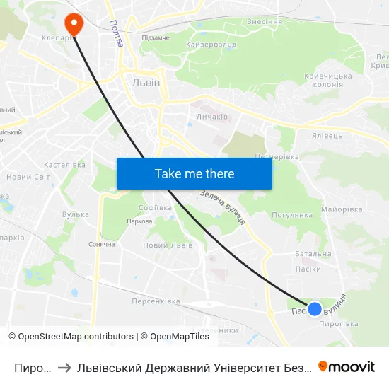 Пирогівка to Львівський Державний Університет Безпеки Життєдіяльності map