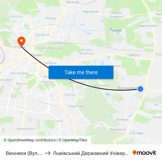 Винники (Вул. Яворницького) to Львівський Державний Університет Безпеки Життєдіяльності map