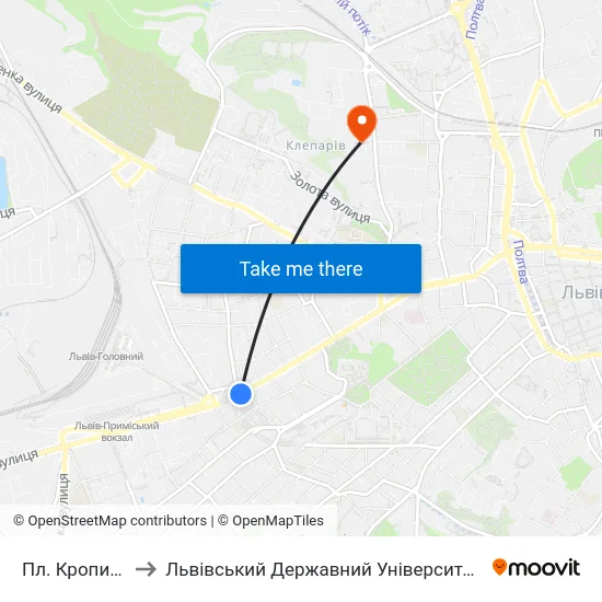 Пл. Кропивницького to Львівський Державний Університет Безпеки Життєдіяльності map