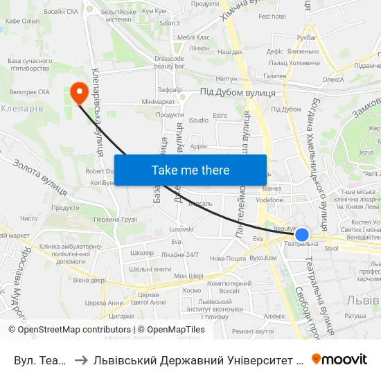 Вул. Театральна to Львівський Державний Університет Безпеки Життєдіяльності map