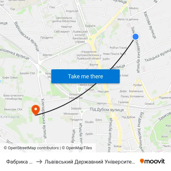 Фабрика "Динамо" to Львівський Державний Університет Безпеки Життєдіяльності map