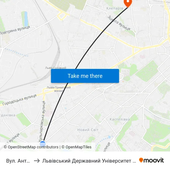 Вул. Антоновича to Львівський Державний Університет Безпеки Життєдіяльності map