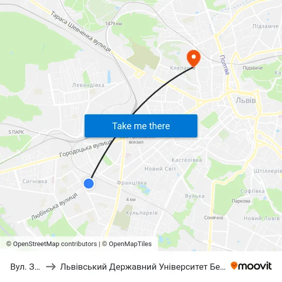 Вул. Зоряна to Львівський Державний Університет Безпеки Життєдіяльності map
