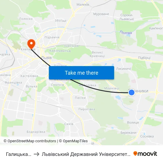 Галицька Лікарня to Львівський Державний Університет Безпеки Життєдіяльності map