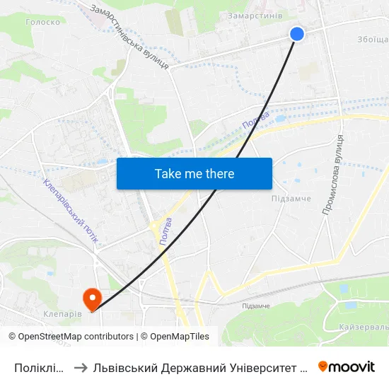 Поліклініка №2 to Львівський Державний Університет Безпеки Життєдіяльності map