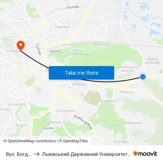 Вул. Богданівська to Львівський Державний Університет Безпеки Життєдіяльності map