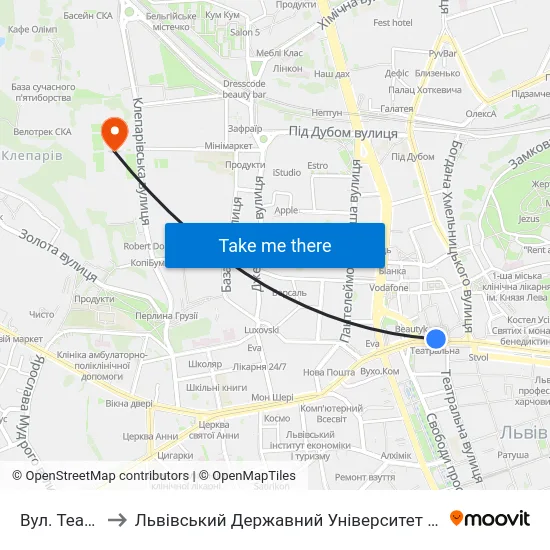 Вул. Театральна to Львівський Державний Університет Безпеки Життєдіяльності map