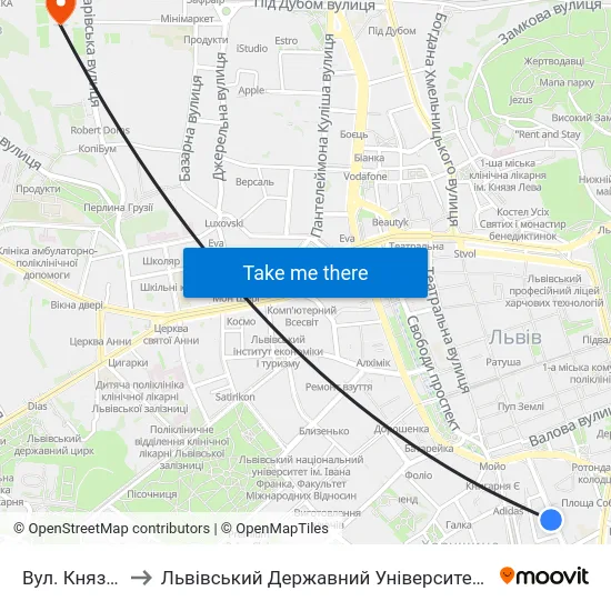Вул. Князя Романа to Львівський Державний Університет Безпеки Життєдіяльності map