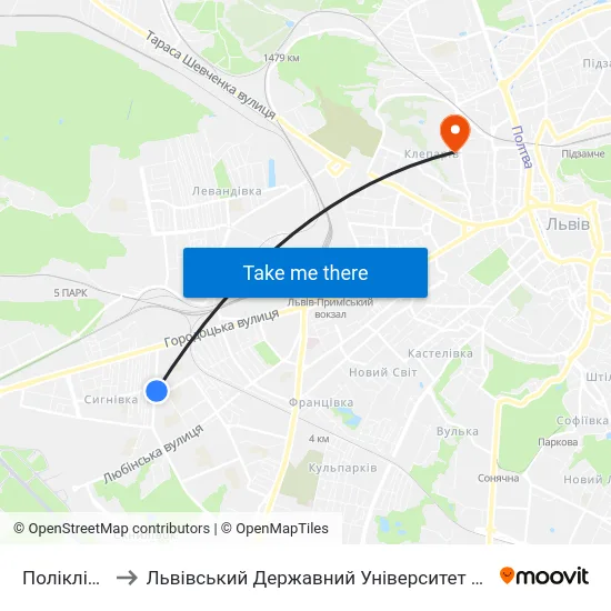 Поліклініка №5 to Львівський Державний Університет Безпеки Життєдіяльності map