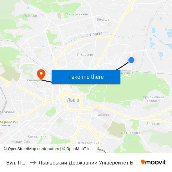 Вул. Польова to Львівський Державний Університет Безпеки Життєдіяльності map